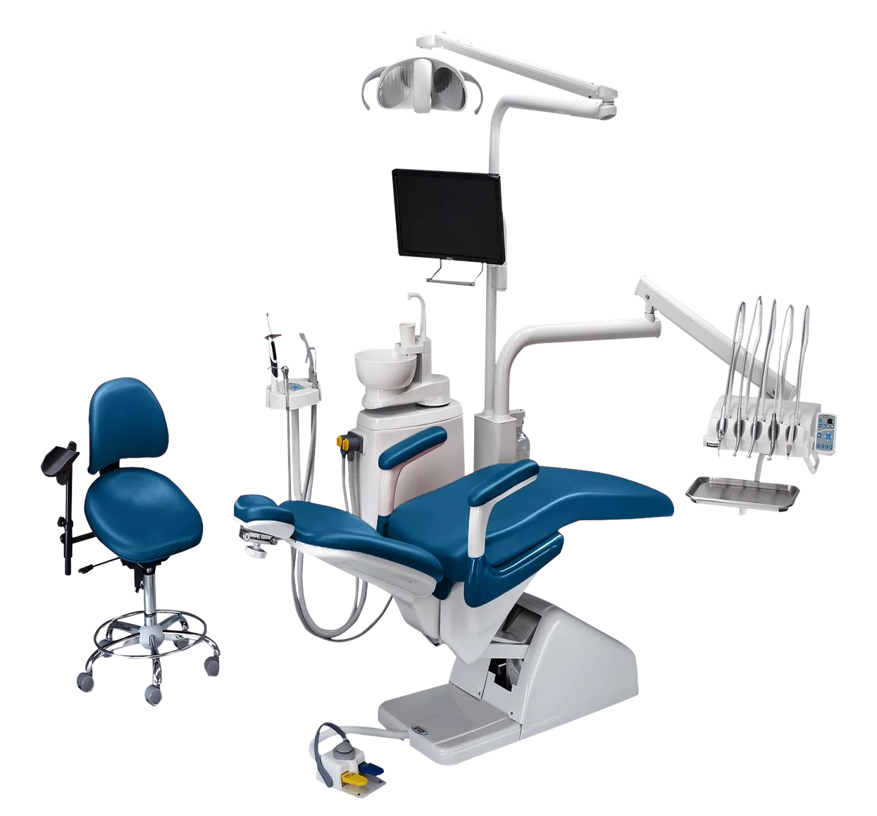 Confident Chamundi dental chair in blue upholstery